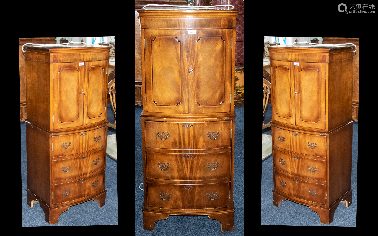 the Cabinet,English Channel a modern 20thc mahogany bow fronted cocktail cabinet, the top