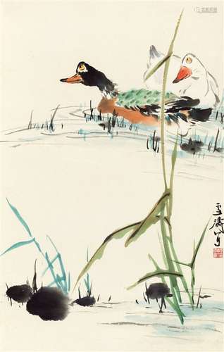 王雪涛(1903～1982) 荷塘双鸭图 镜片 设色纸本