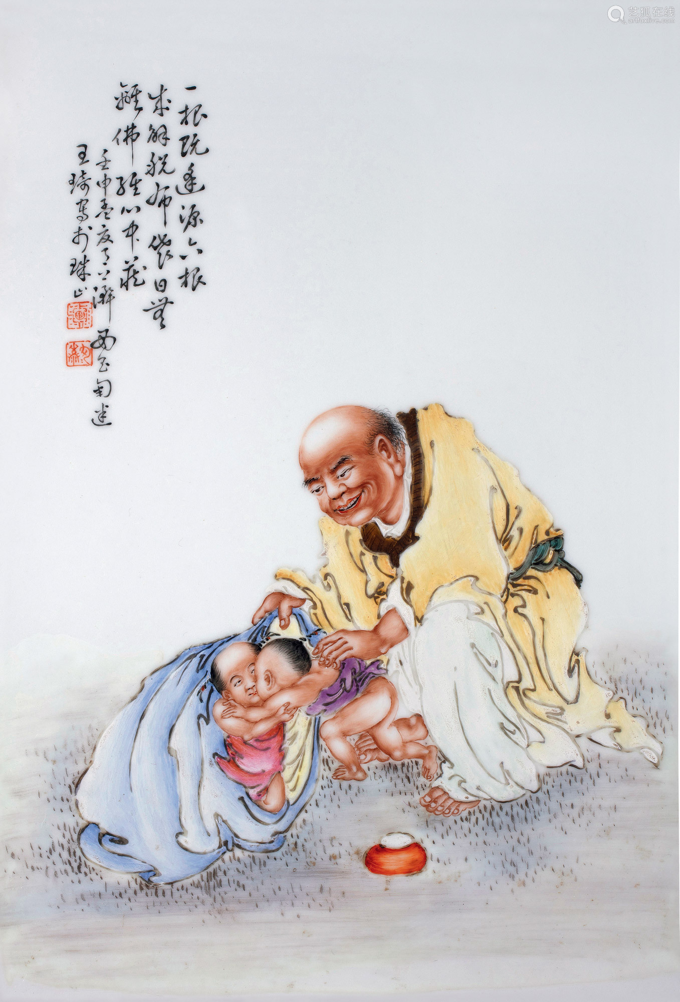 王琦1884～1937 粉彩布袋和尚瓷板画