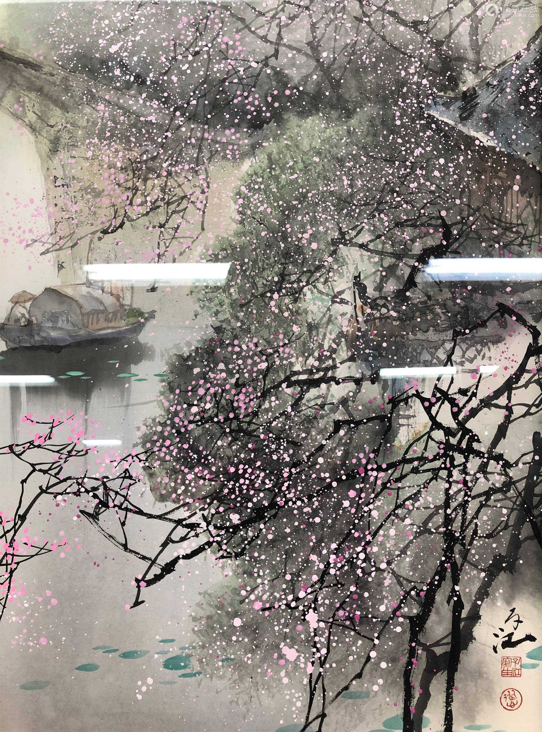 b1958王子江江南春景二帧设色纸本镜框