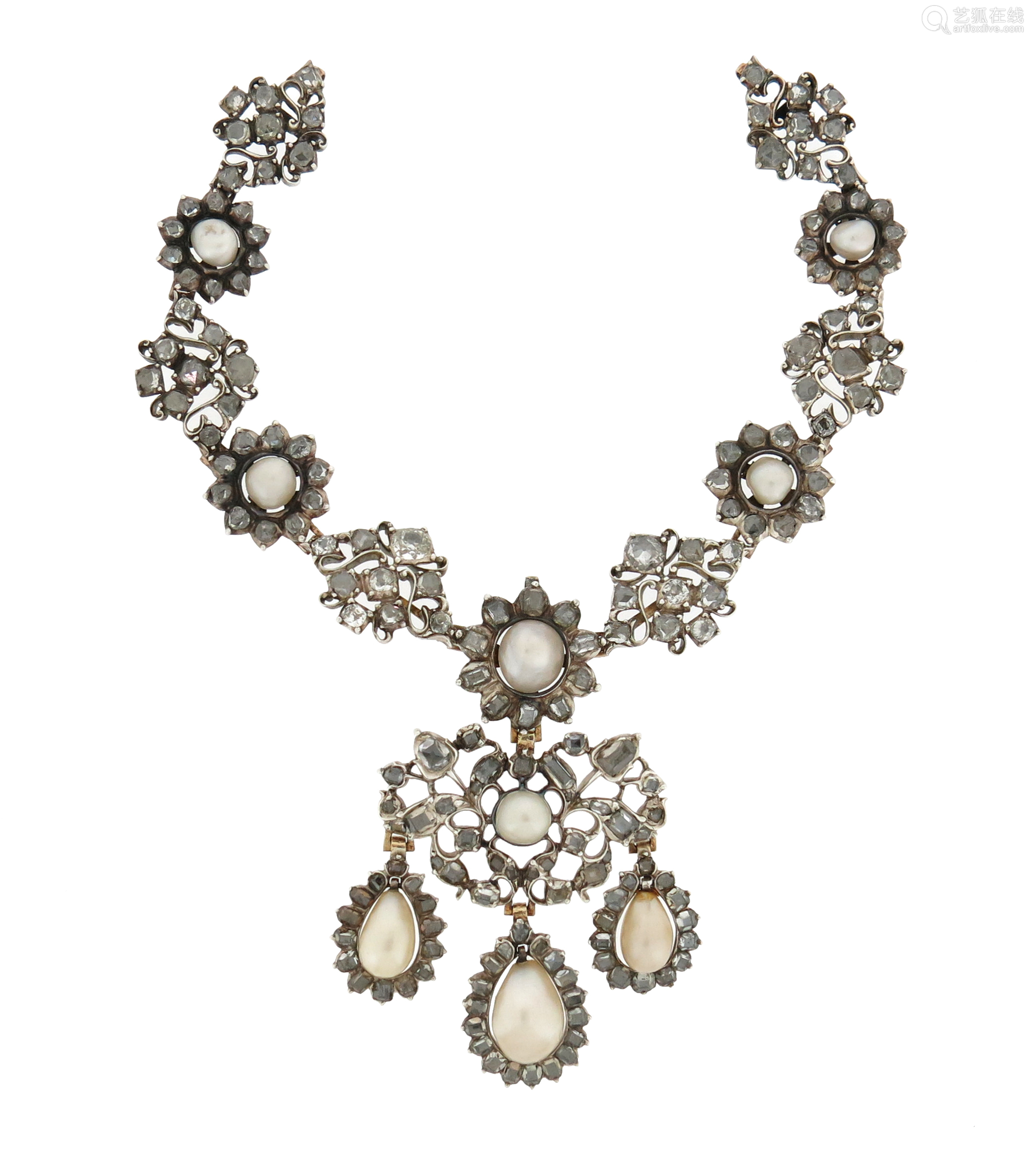 and diamond-set silver necklace front section and pendant, the