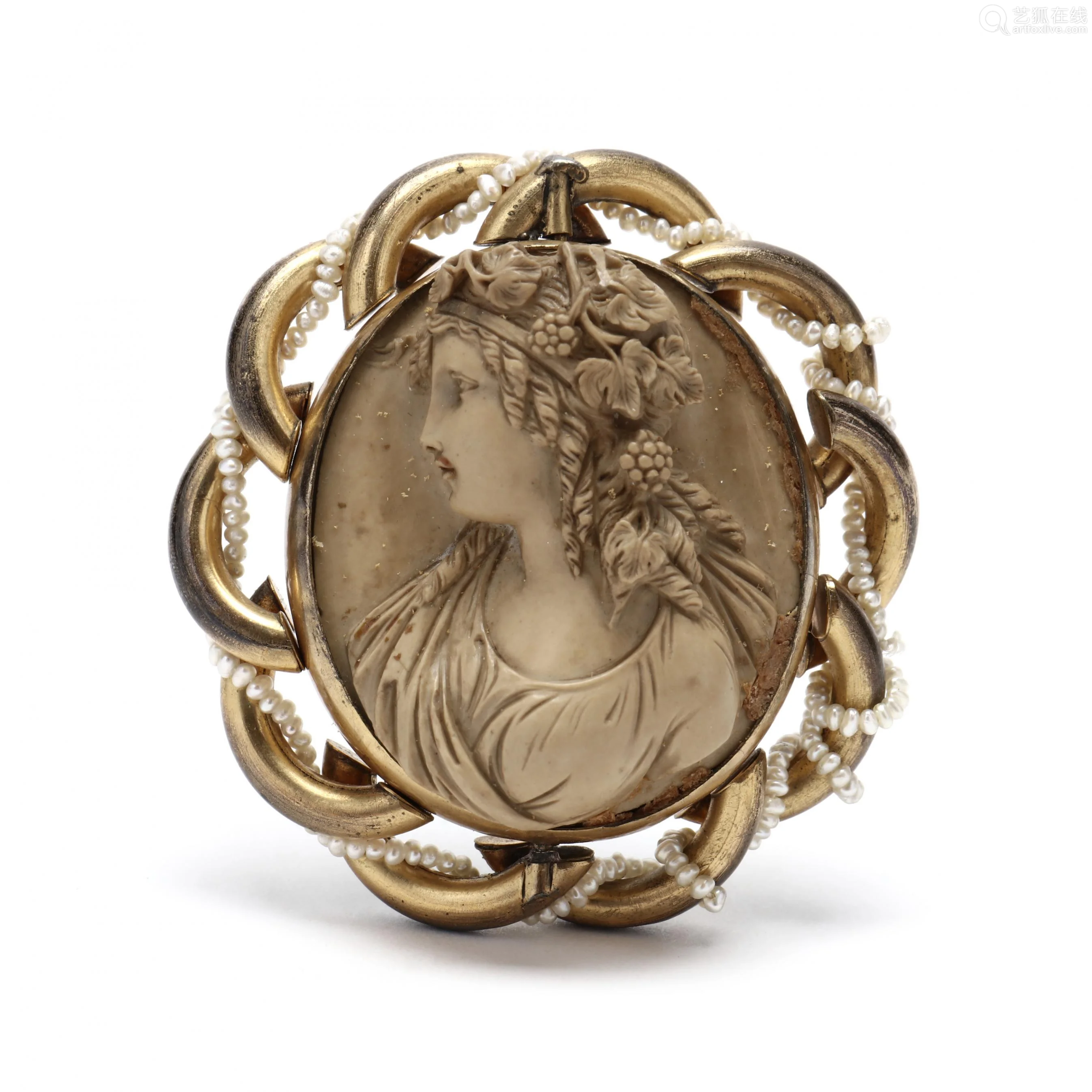 antiquelava,antiquewhite antique gold filled, lava cameo & seed pearl brooch