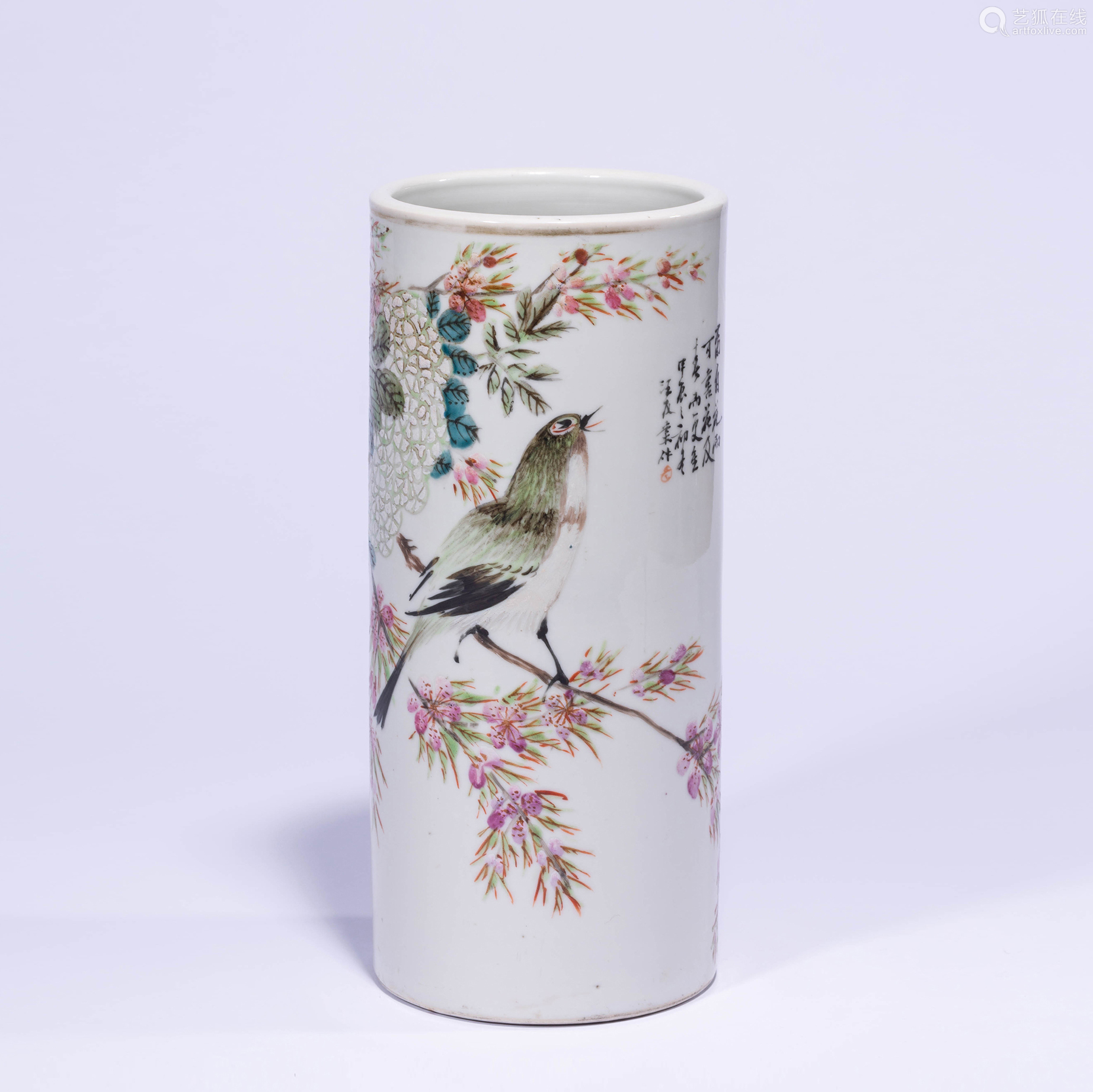 清光绪汪友棠浅绛彩花鸟纹帽筒