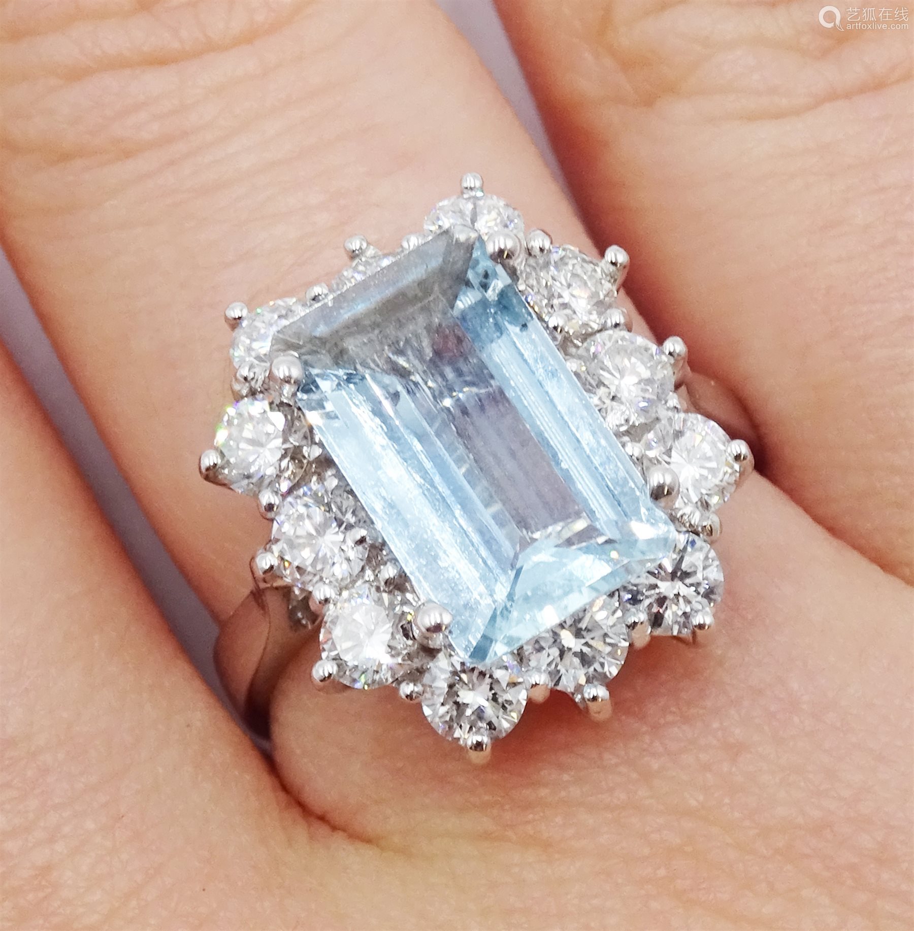 18ct white gold emerald cut aquamarine and diamond cluster ring