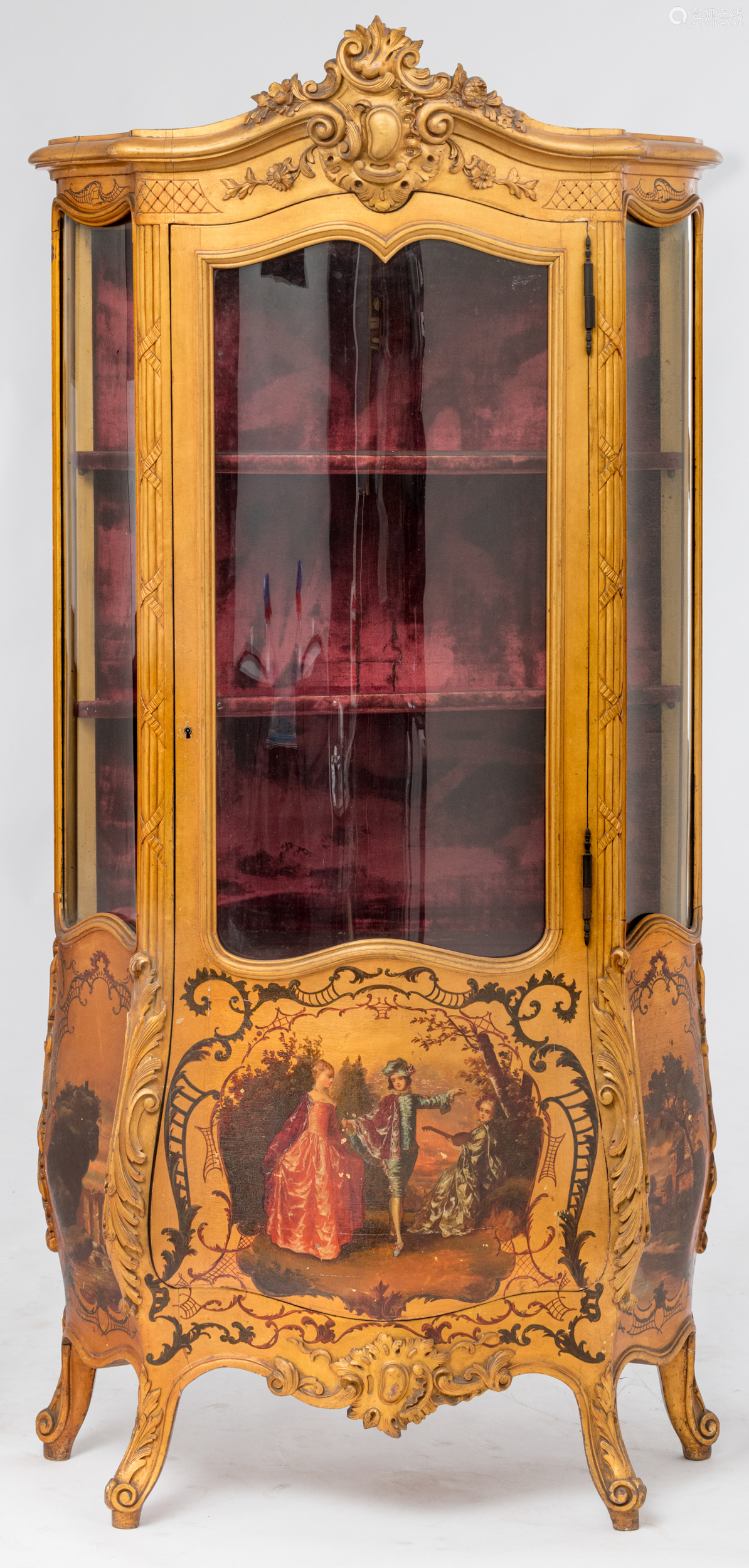 the Cabinet,English Channel a gilt wooden rococo style display cabinet, the roundels on the