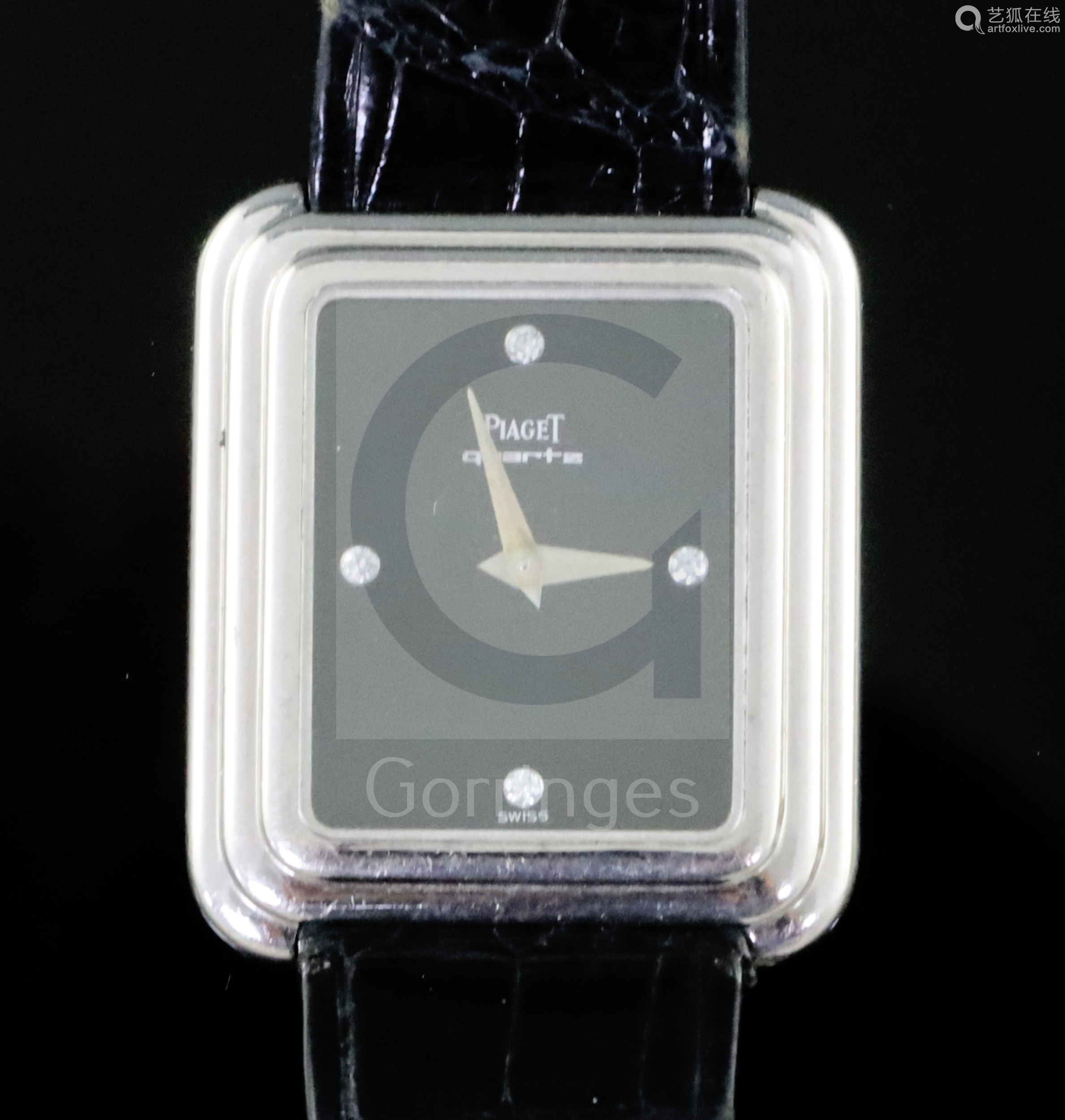 gold piaget quartz rectangular wrist watch with diamond chip set