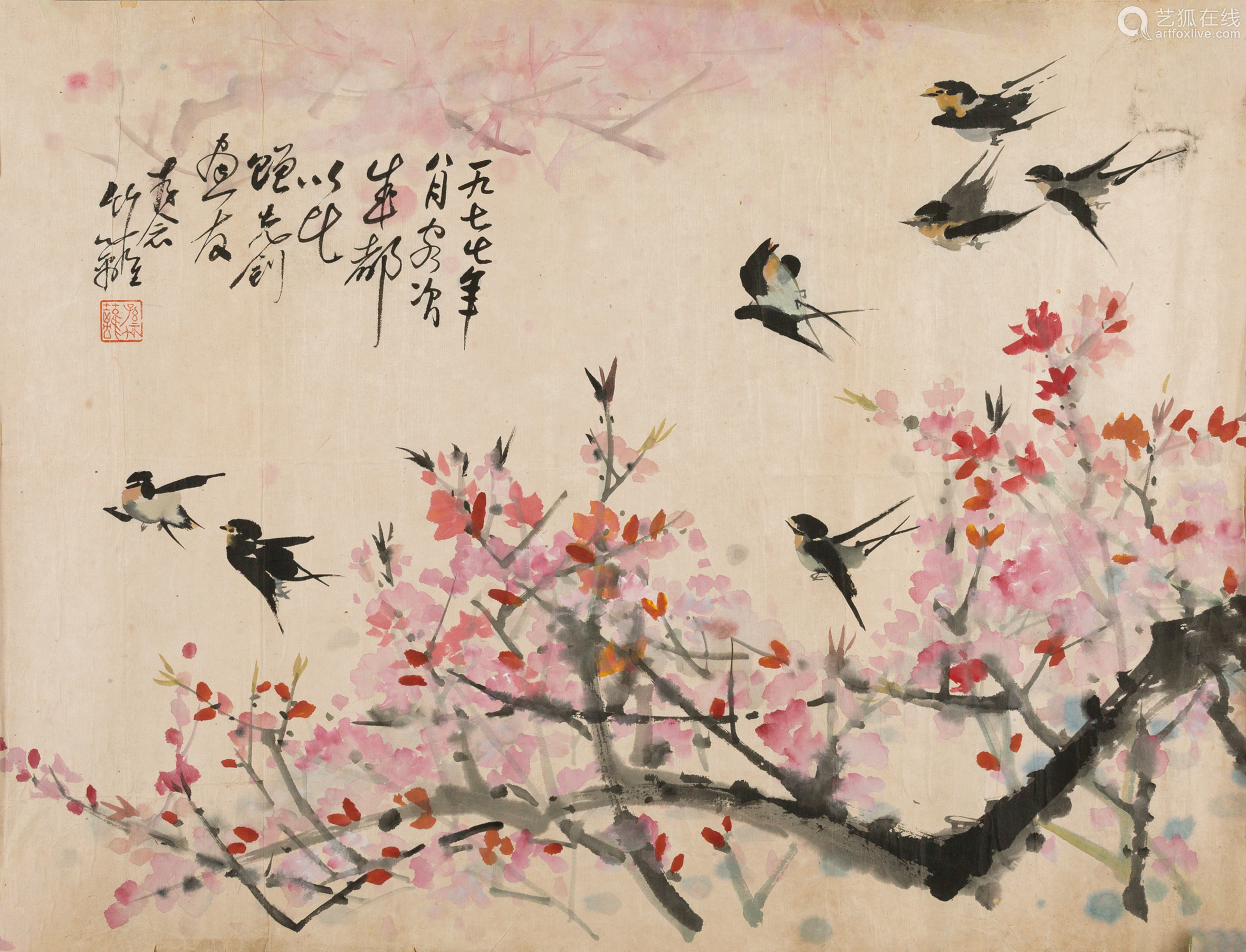 孙竹篱 桃花燕子 纸本设色托片