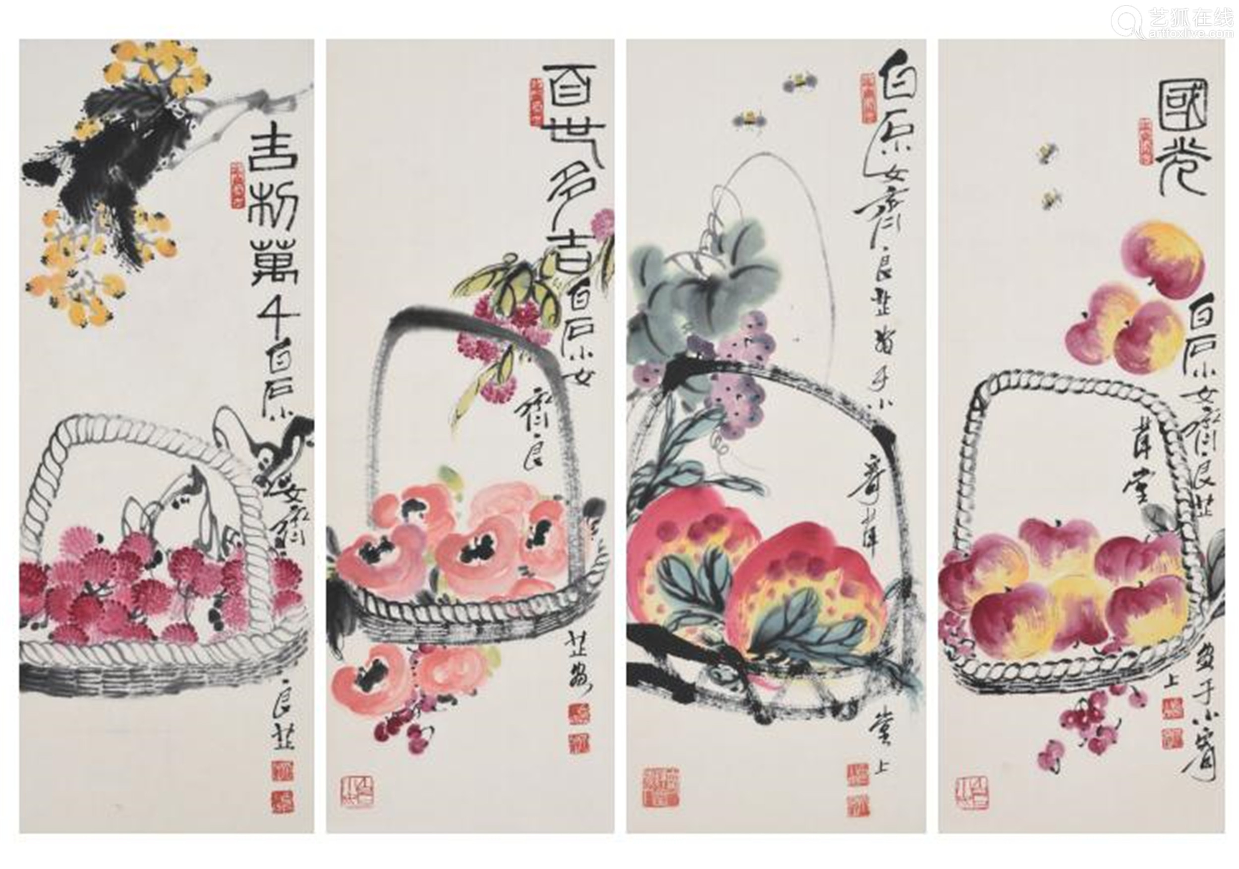 齐良芷 吉利平安四条屏-【成交 价格 图片】