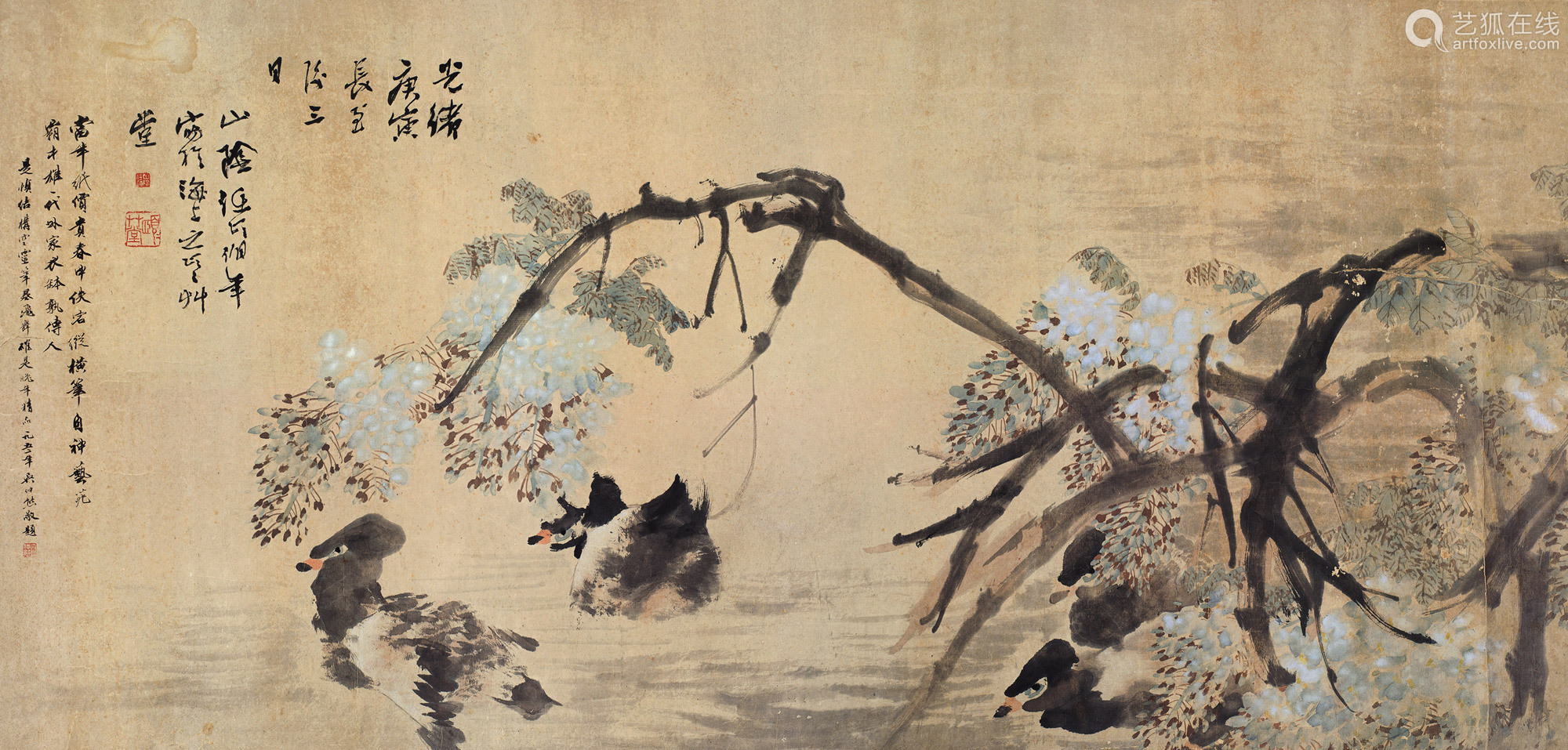 任伯年(1840～1895 ) 1890年作 紫藤游鸭 镜心 设色纸本
