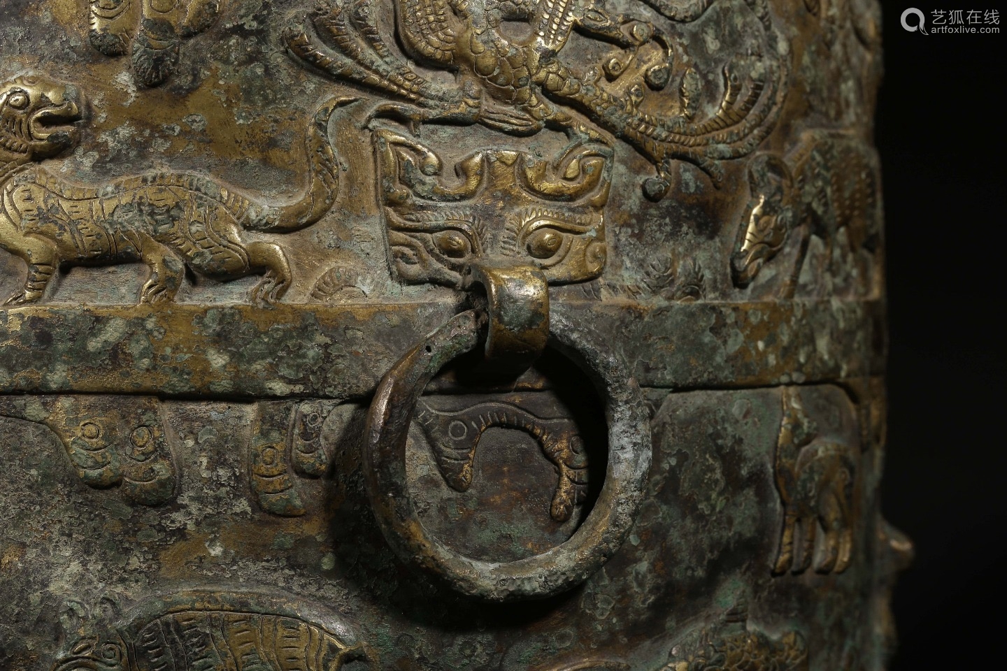 元或更早 铜鎏金铭文古兽纹樽(附原收藏木盒)
