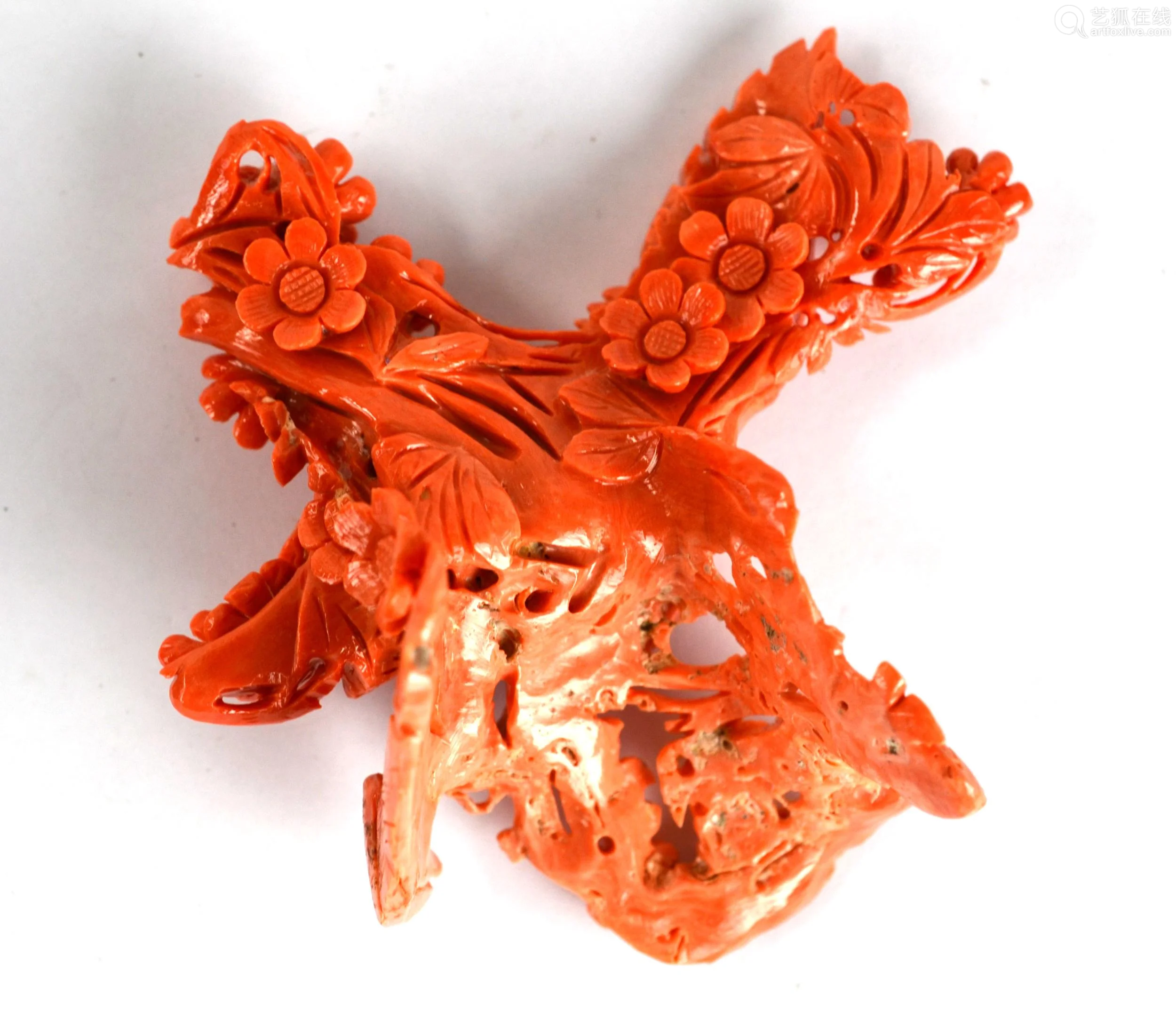 chinese carved coral bird on wood stand