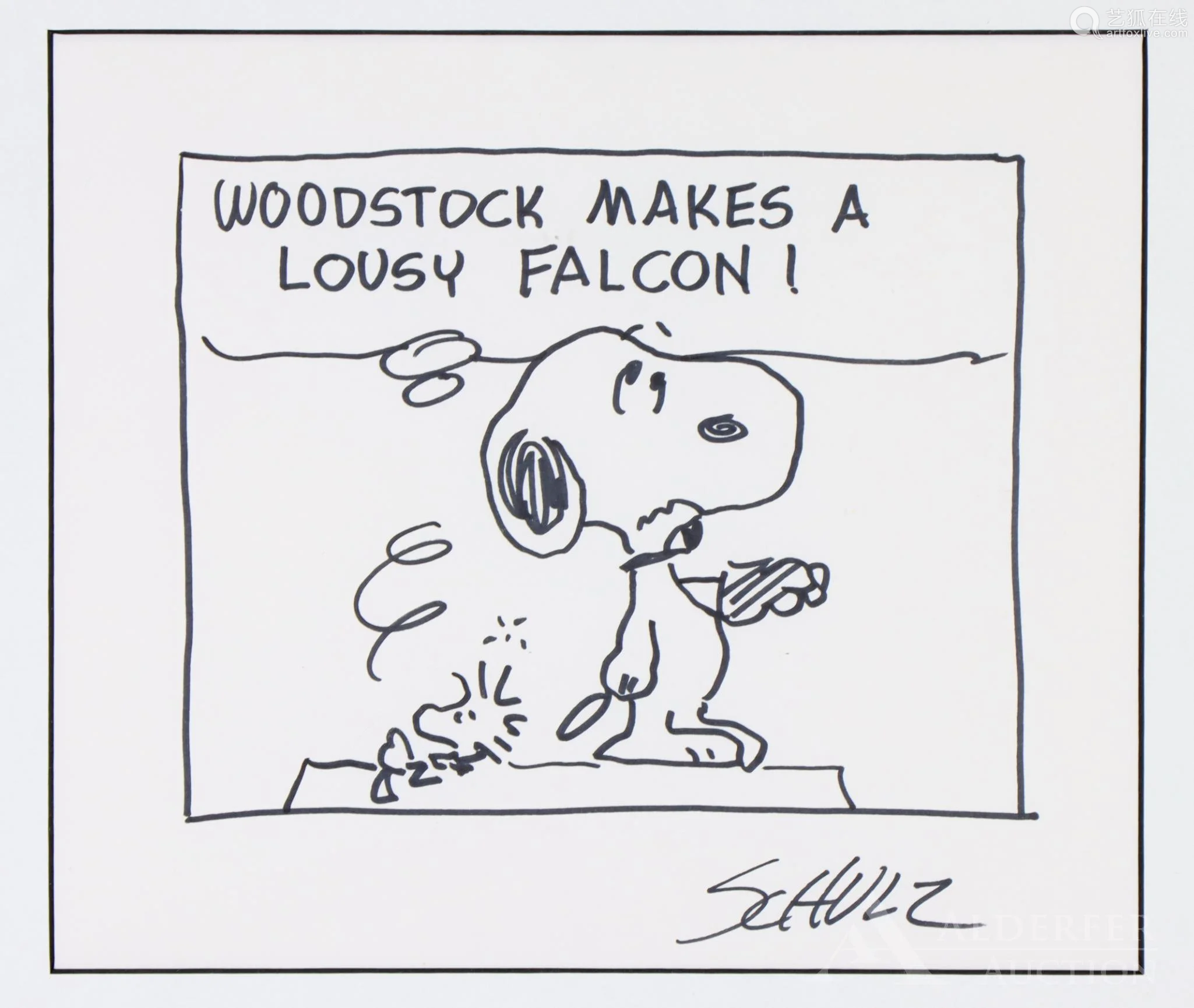 snoopy and woodstock,woodstocksnoopy original marker drawing of snoopy and woodstock, "lousy falcon,"