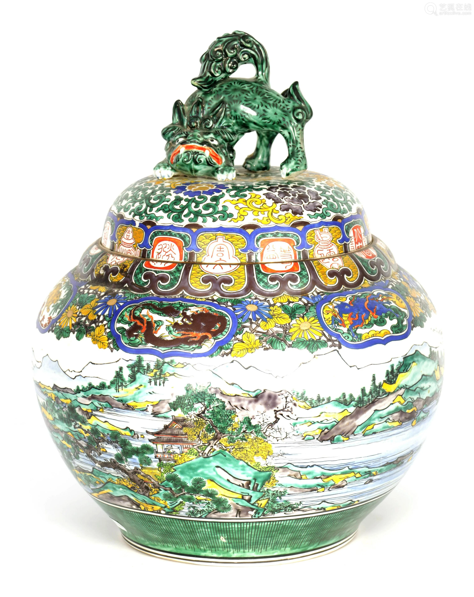 a large chinese famille vert lidded jar surmounted