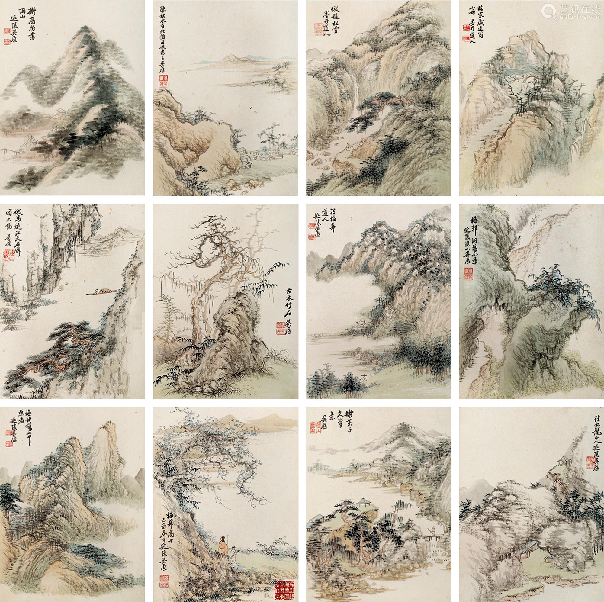 1632～1718 吴历 仿古山水册 册页(十二开 设色纸本