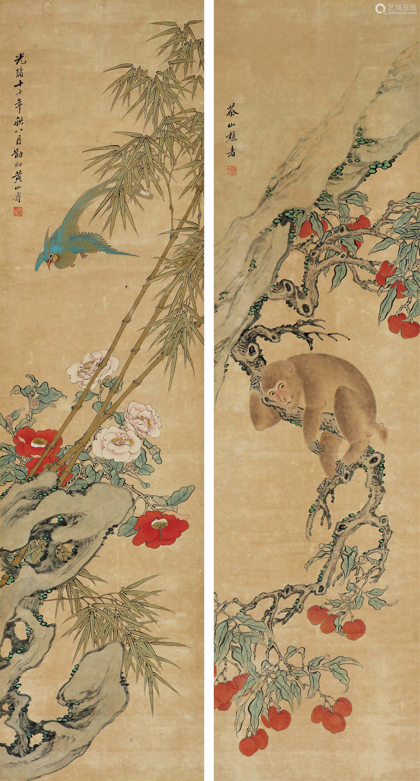 黄山寿 1855～1919 花鸟 灵猴 对屏 立轴 设色纸本