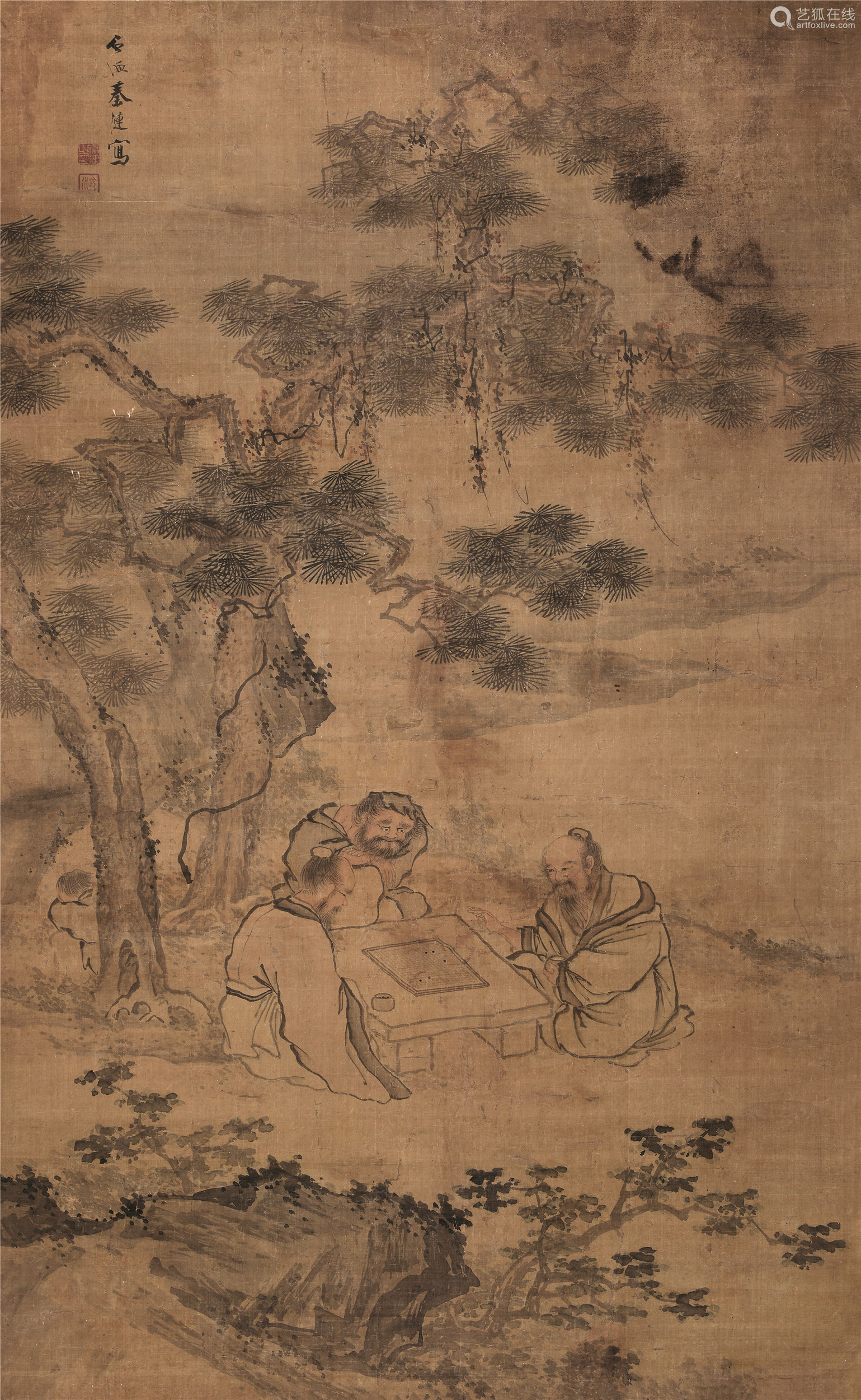 秦涟松下对弈图立轴设色绢本