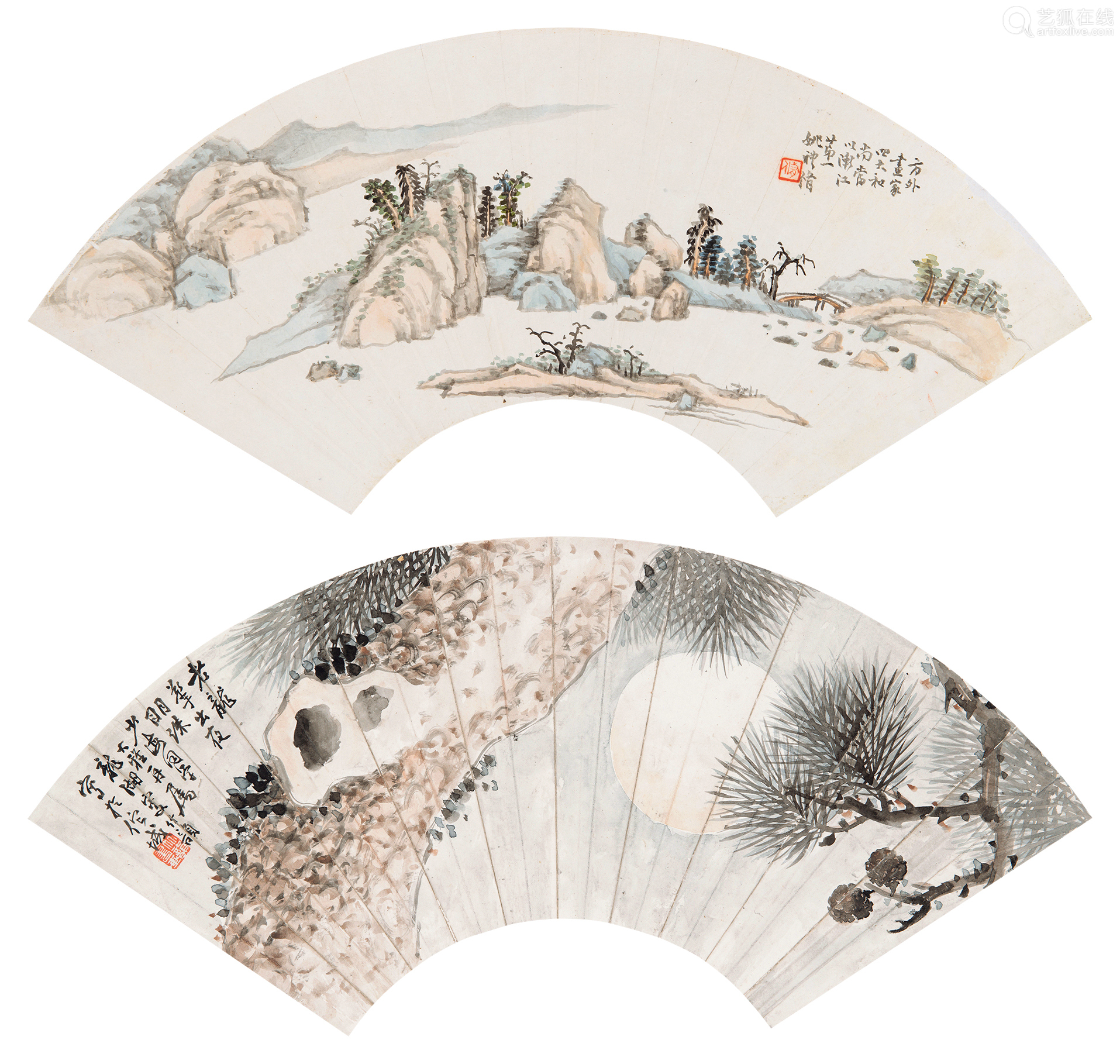 竹韵,姚礼修 山水扇面二帧