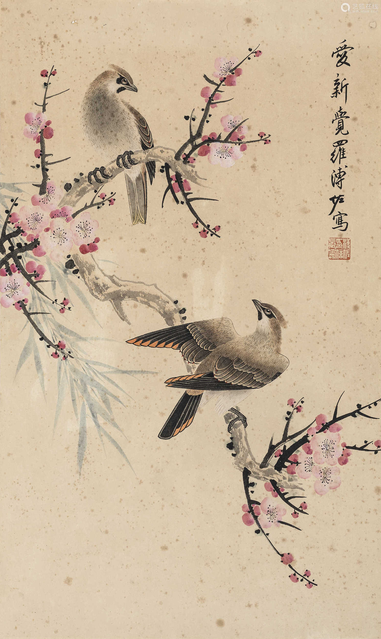 溥佐梅花双雀图镜心纸本