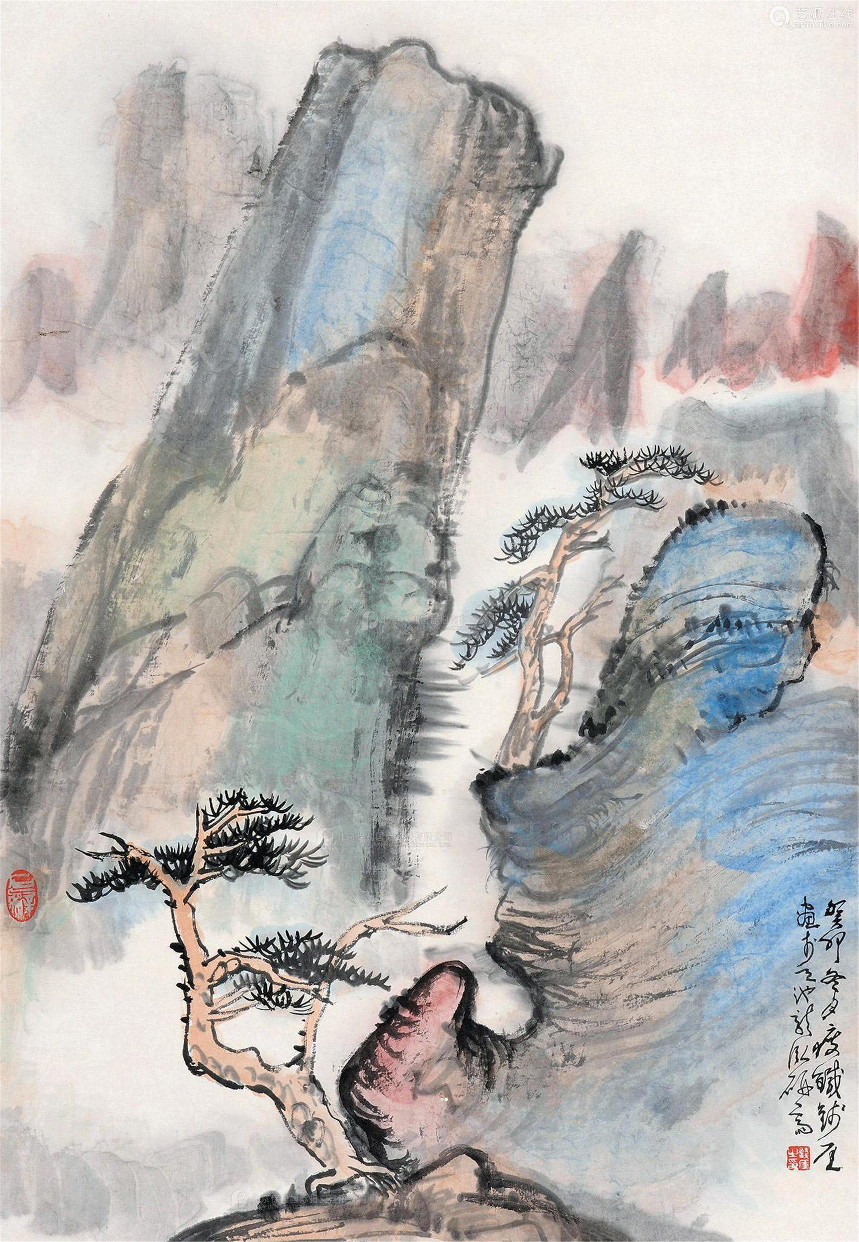 钱瘦铁(1897～1967) 松崖图 立轴 设色纸本