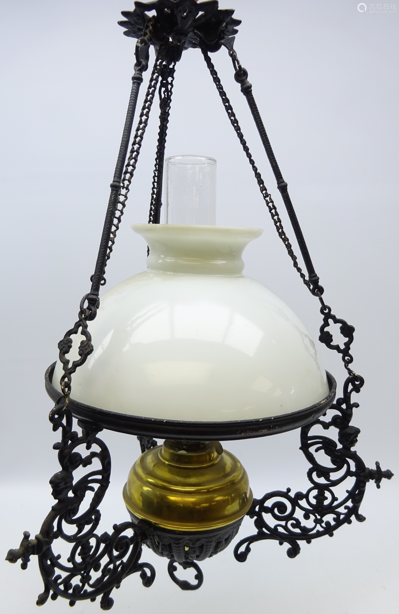 black painted cast metal hanging oil lamp with pierced scroll