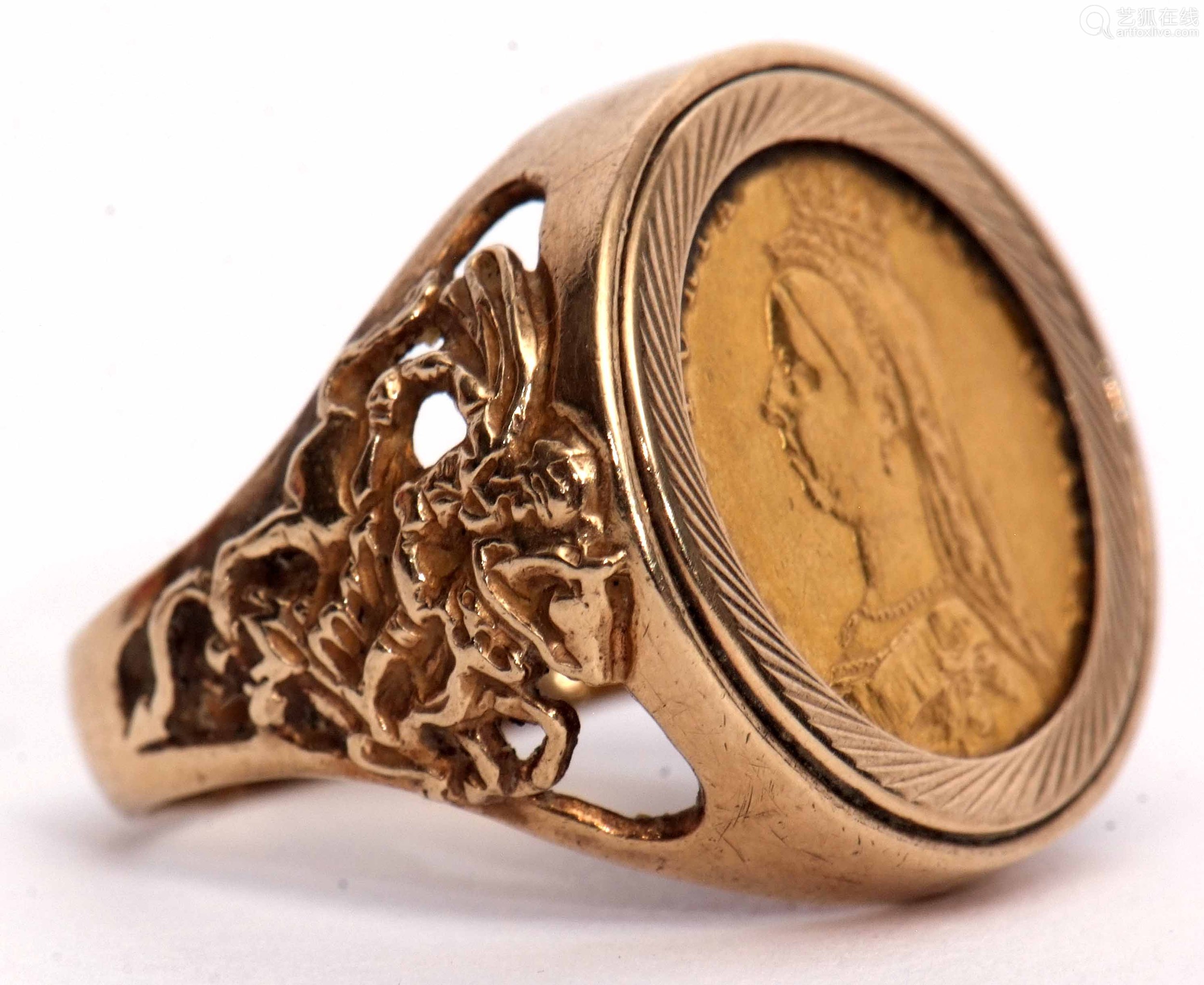 half sovereign shield back, dated 1887, in a 9ct gold ring mount