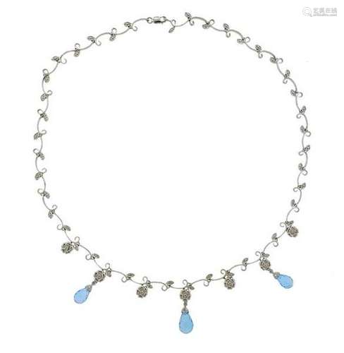 18K Gold Diamond Blue Topaz Floral Motif Necklace