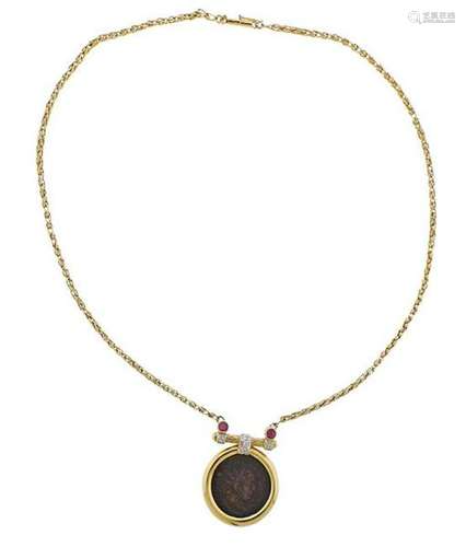 14K Gold Diamond Ruby Coin Pendant Necklace