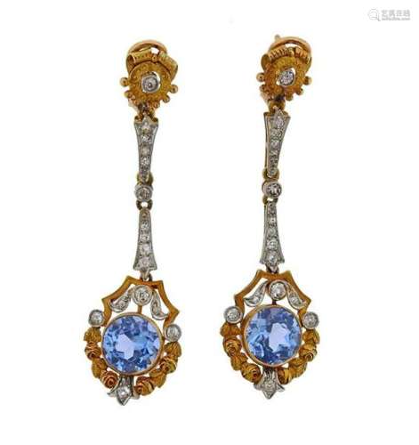 Antique 18K Gold Platinum Diamond Gemstone Earrings
