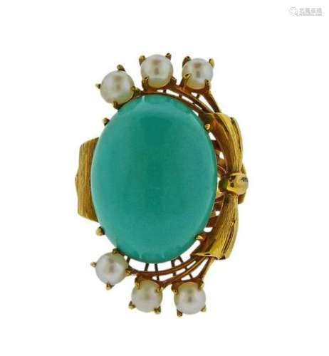 14K Gold Pearl Turquoise Ring