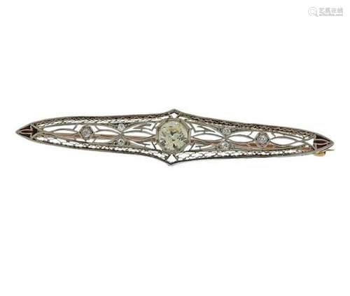 Art Deco 14k Gold Platinum 0.91ct Diamond Brooch Pin