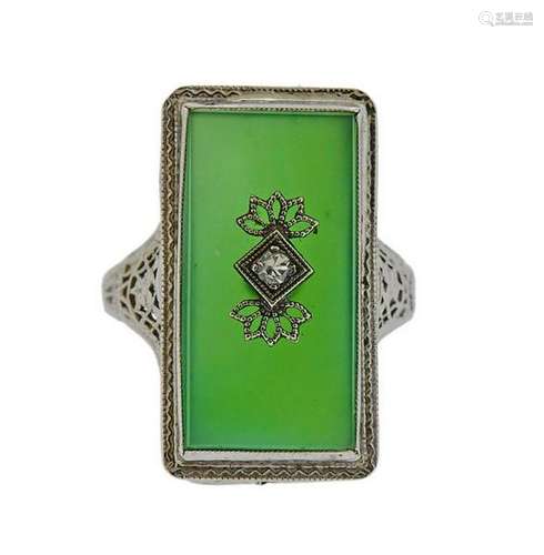 Art Deco 14K Gold Diamond Chrysoprase Ring