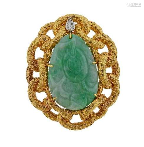 Wander France 18k Gold Carved Jade Diamond Pendant