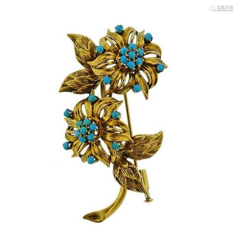 18k Gold Turquoise Flower Brooch Pin