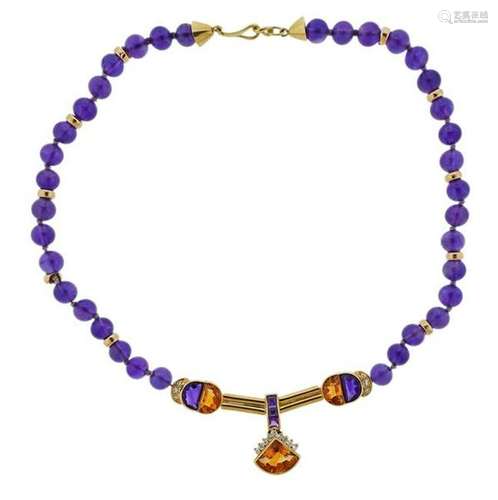 18K Gold Diamond Amethyst Citrine Pendant Necklace