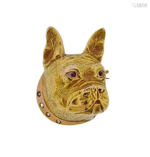 14K Gold Diamond Ruby French Bulldog Brooch