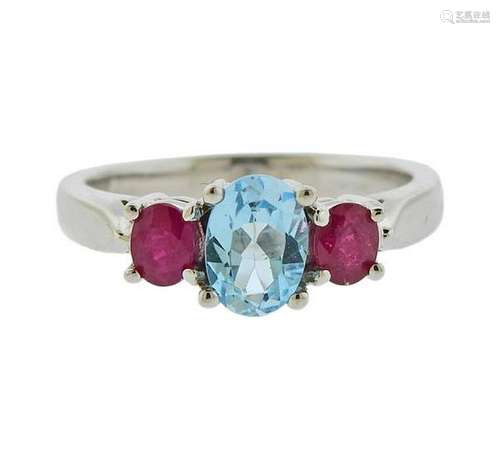 14K Gold Ruby Blue Topaz Ring