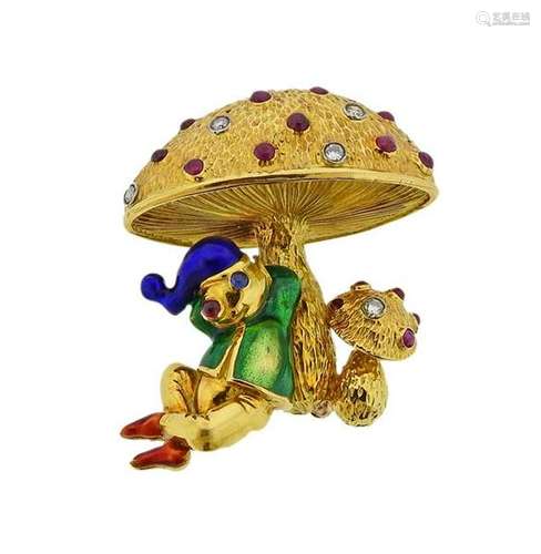 18K Gold Diamond Ruby Sapphire Enamel Mushroom Brooch