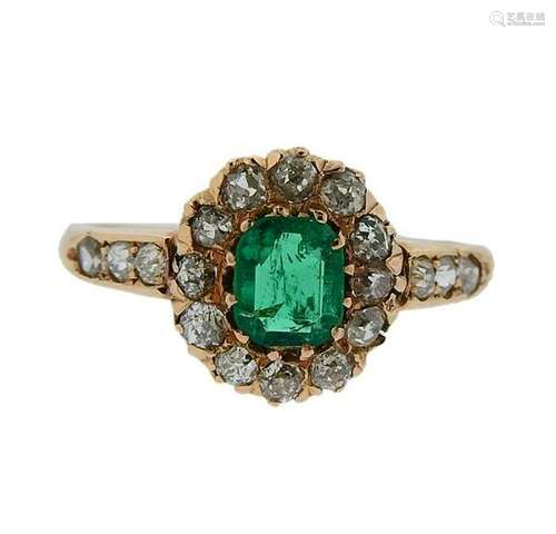 Antique 14k Gold Diamond Emerald Ring