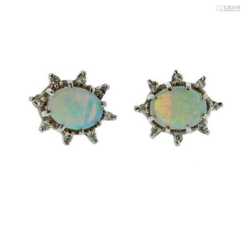 14K Gold Diamond Opal Stud Earrings