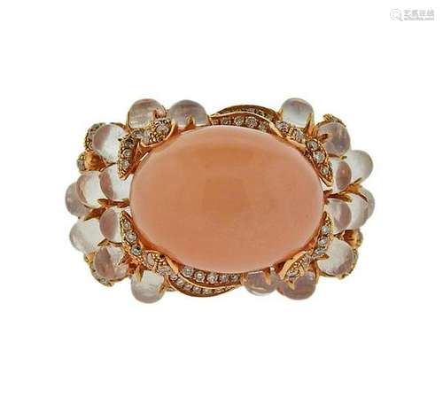 18K Gold Diamond Moonstone Floral Motif Ring