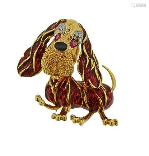 18K Gold Diamond Ruby Enamel Dog Brooch