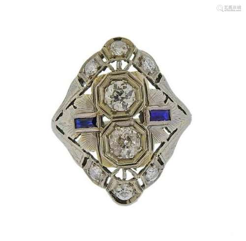 Art Deco 18K Gold  Diamond Blue Stone Ring