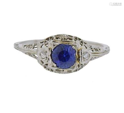 Art Deco 14K Gold Diamond Blue Stone Ring