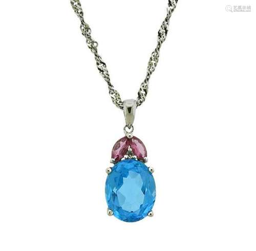 14k Gold Blue Pink Gemstone Diamond Pendant Necklace