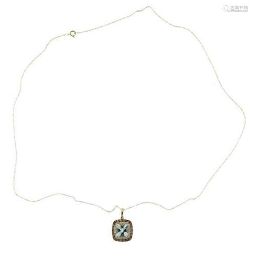 14K Gold Diamond Aquamarine Pendant Necklace