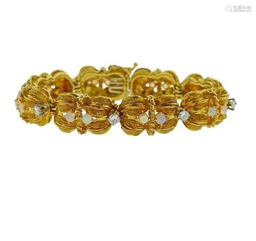 1960s 18k Gold Diamond Opal Bracelet