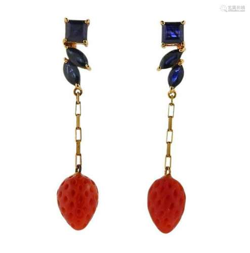 14K Gold Sapphire Coral Strawberry Earrings