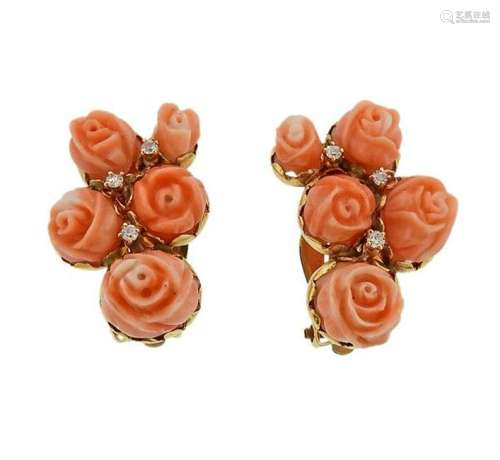 14K Gold Diamond Carved Coral Earrings
