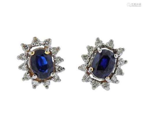 14K Gold Diamond Sapphire Stud Earrings