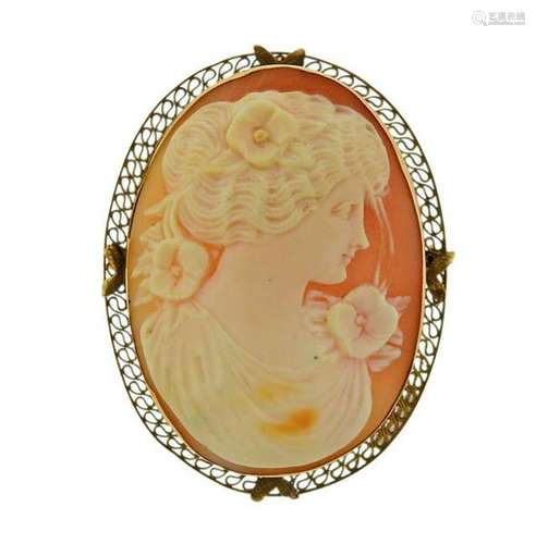 14K Gold Shell Cameo Brooch Pendant